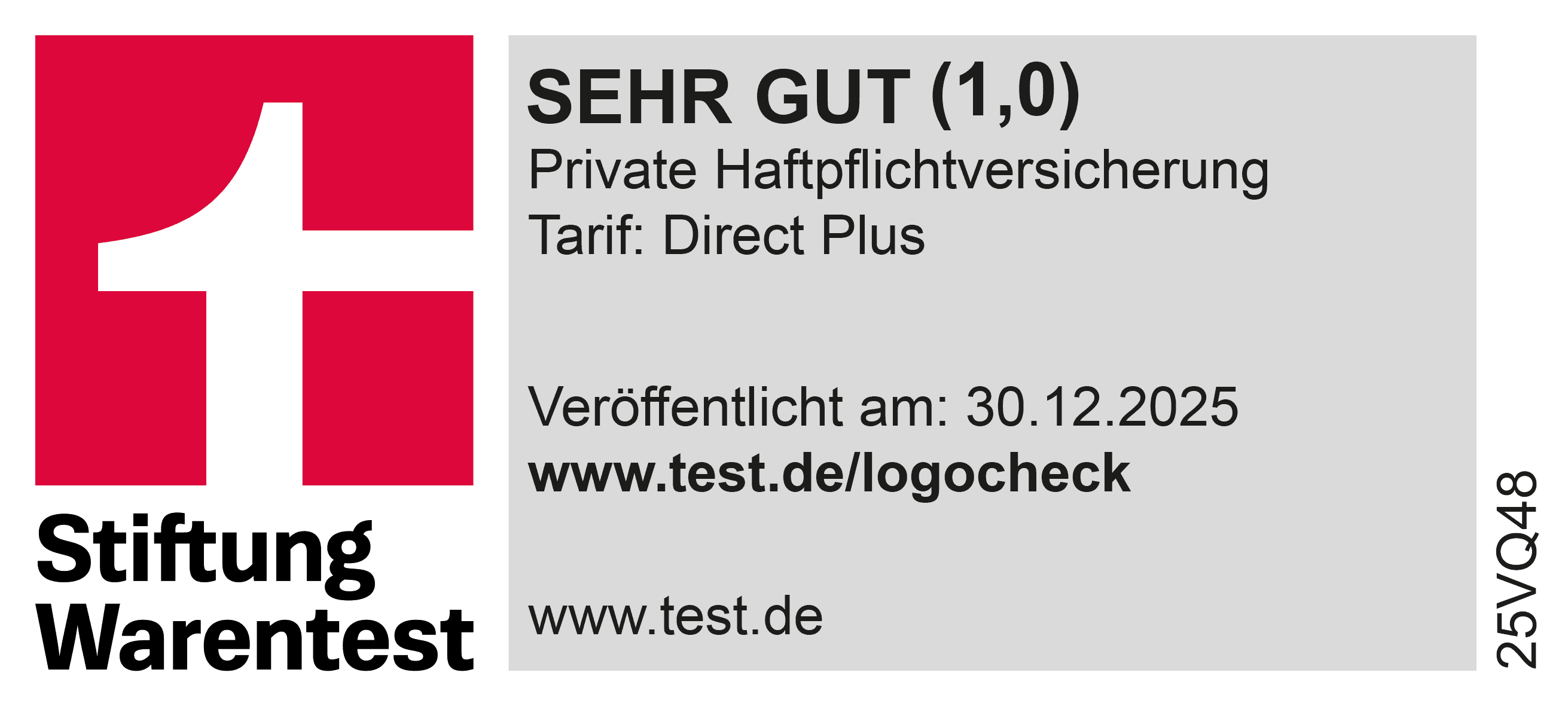 Stiftung Warentest SEHR GUT (1,0) private Haftpflichtversicherung Direct Plus